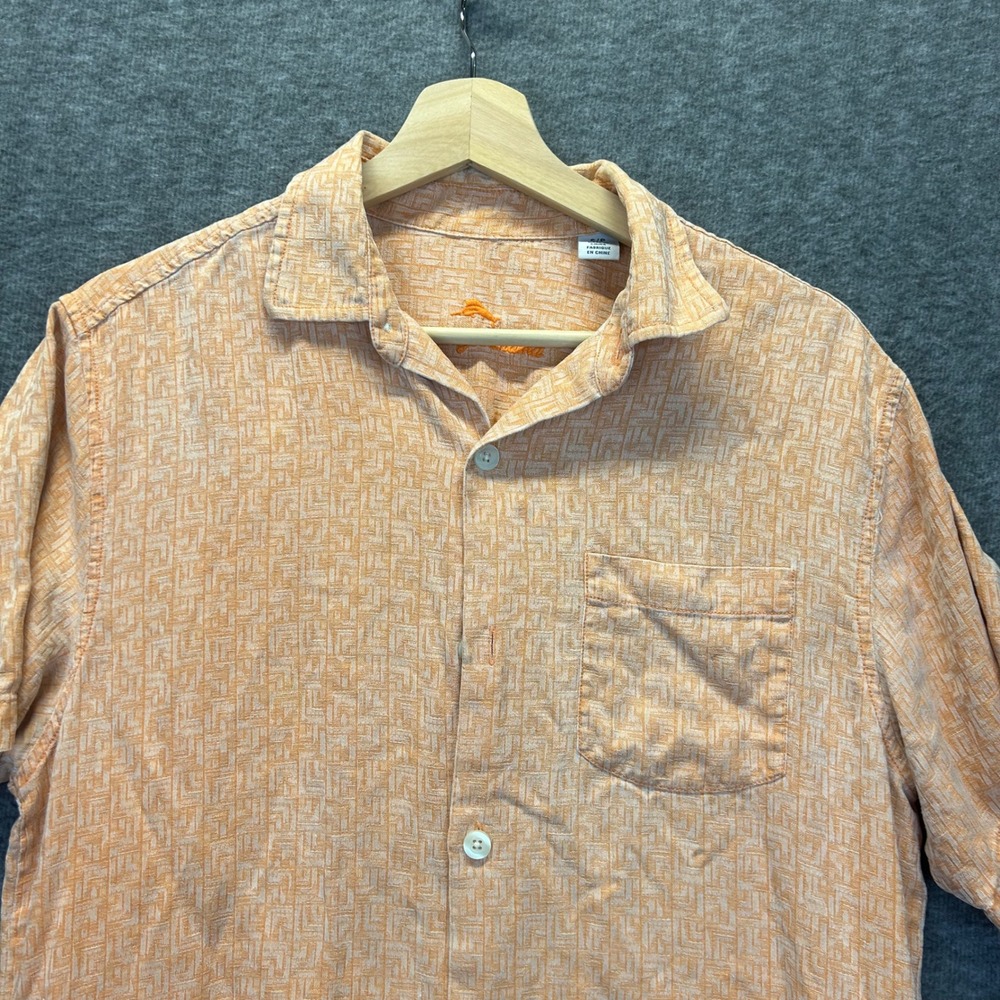Tommy Bahama Mens Small Orange Silk Geometric Jacquard Short Sleeve Camp Shirt